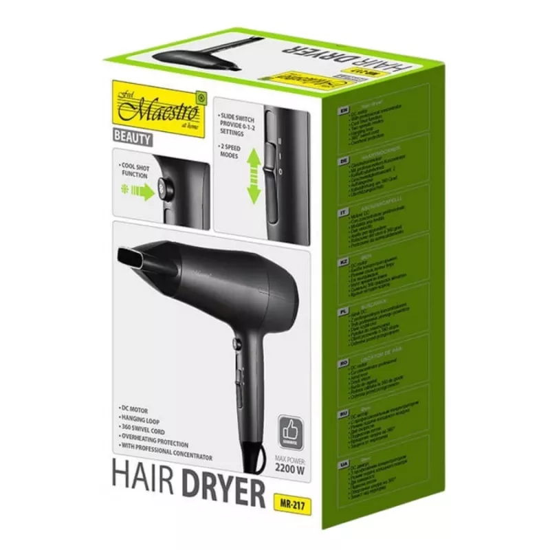 Secador de pelo Maestro MR-217 2200 W, motor DC, 2 velocidades, golpe de aire frío, boquilla de estilismo, negro-grafito