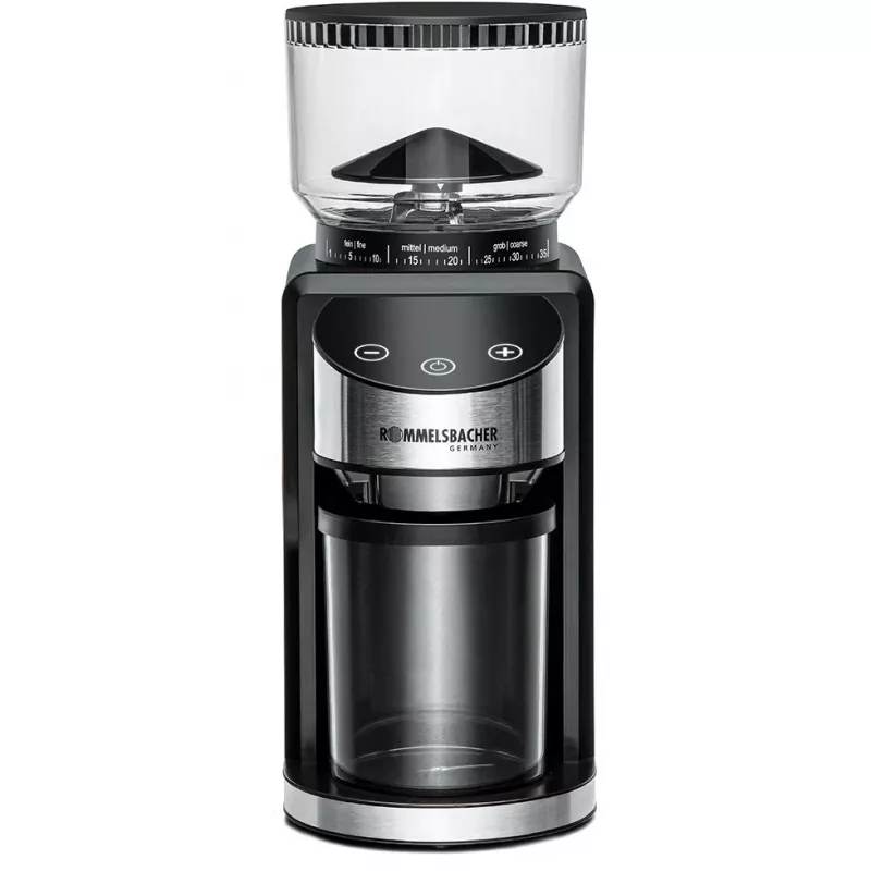 Molino de café con muelas cónicas Rommelsbacher EKM 400 — muelas cónicas de acero inoxidable, 35 grados de molienda, 12 dosis, depósito de 130 g