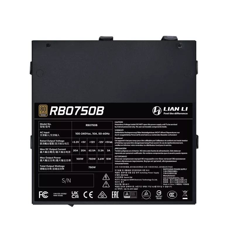 Fuente de alimentación Lian Li RB0750B.B 750 W ATX 24 pines, 80 PLUS Bronze, ventilador de 135 mm, negro