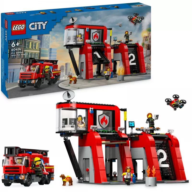 Juguete de construcción LEGO City Parque de bomberos con camión de escalera 60414 — 843 piezas, 5 minifiguras, 220×320×140 mm