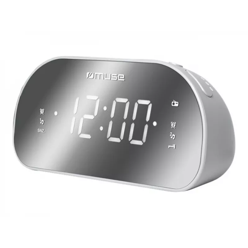 Radio reloj Muse M-170CMR — radio reloj digital, pantalla LED de 1,2 pulgadas, FM, AC 230V, respaldo AAA, espejo/blanco