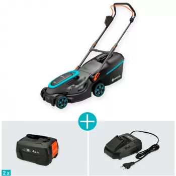 Cortacésped a batería PowerMax 37/36V P4A Ready-To-Use Set, 36 voltios (2x18V) (negro/gris, 2 baterías de iones de litio 4,0Ah, POWER FOR ALL ALLIANCE)
