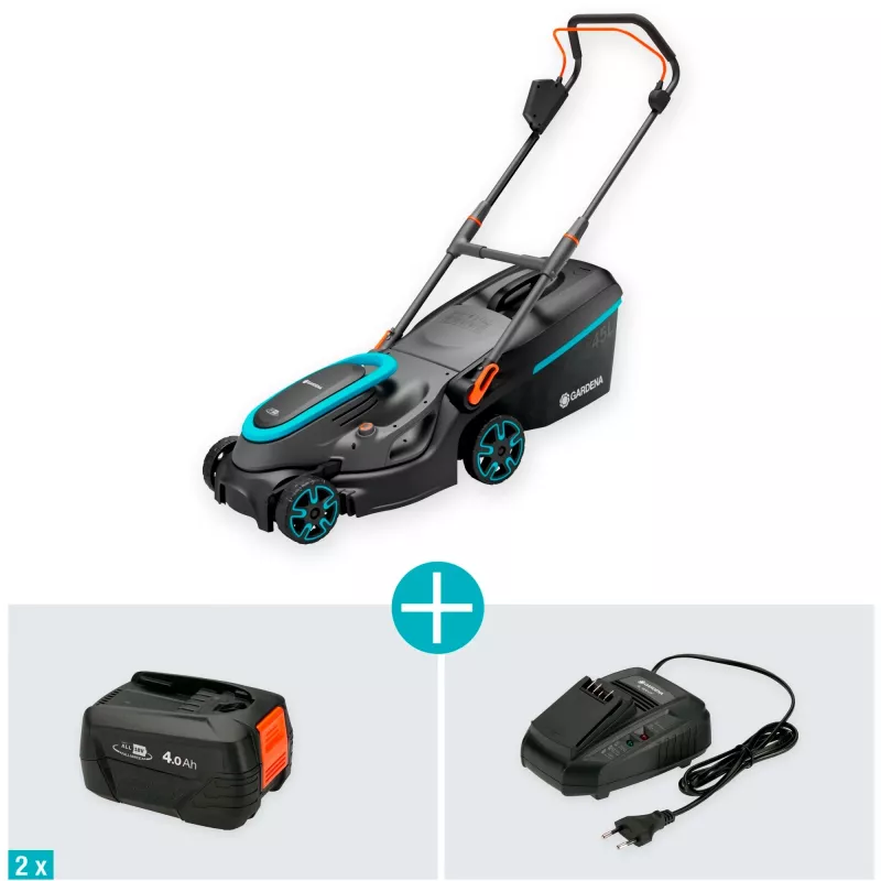 Cortacésped a batería Gardena PowerMax 37/36V P4A, set listo para usar, ancho de corte 37 cm, 36 V (2x 18 V), 2 baterías Li-Ion de 4,0 Ah (POWER FOR ALL ALLIANCE), cargador, negro/gris