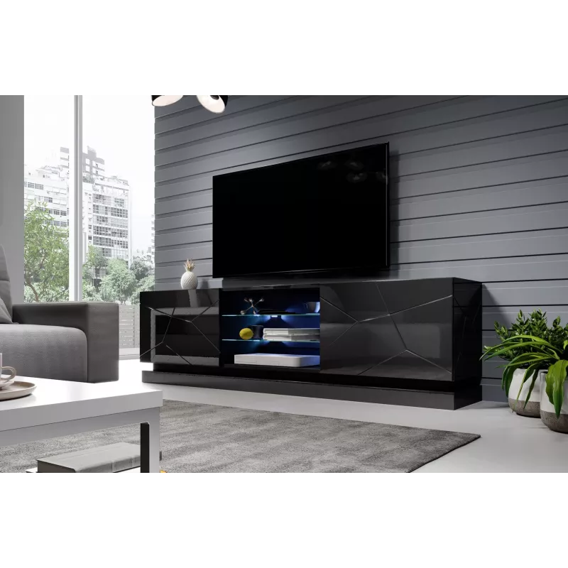 Mueble de TV Cama QIU 200 MDF negro brillante/negro brillante