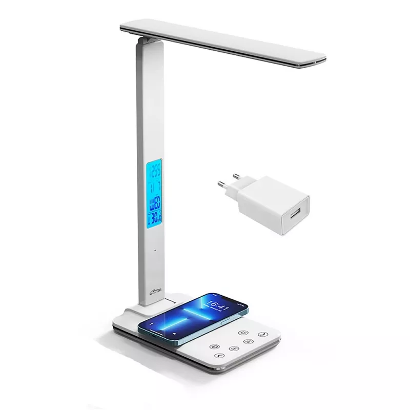 Media-Tech MT222 Leditou lámpara de escritorio LED con cargador inalámbrico Qi de 15 W, reloj, alarma, termómetro, blanca