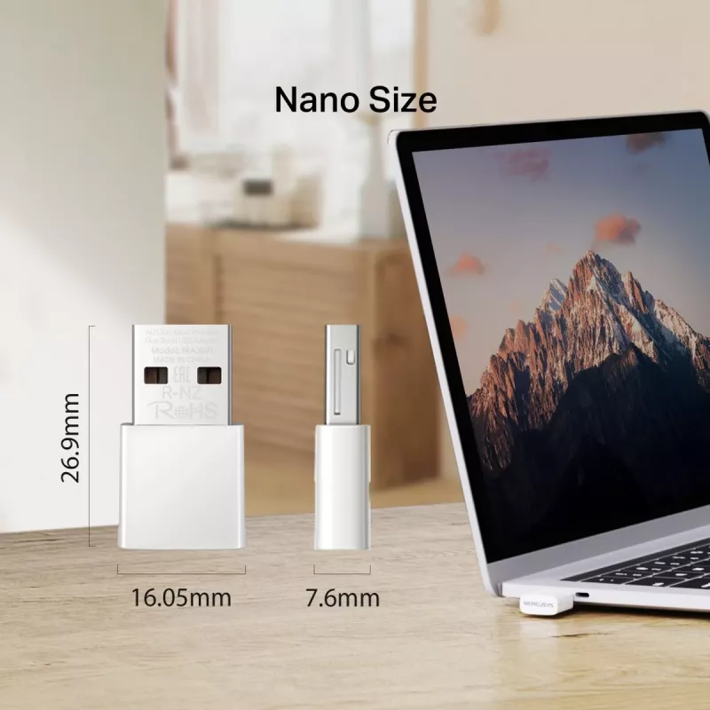Adaptador USB de red MERCUSYS MA30N — Wi-Fi de doble banda (2,4/5 GHz), 400/867 Mbit/s, USB 2.0, antena interna, blanco