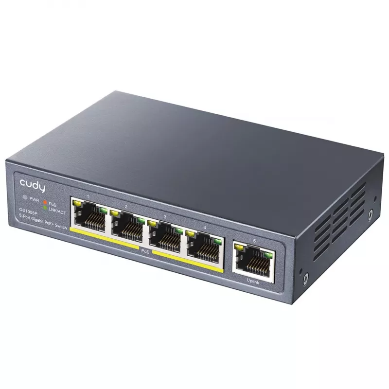 Switch de red Cudy GS1005P — 5 puertos Gigabit Ethernet con 4 puertos PoE, 60 W de potencia total, carcasa metálica, montaje en rack