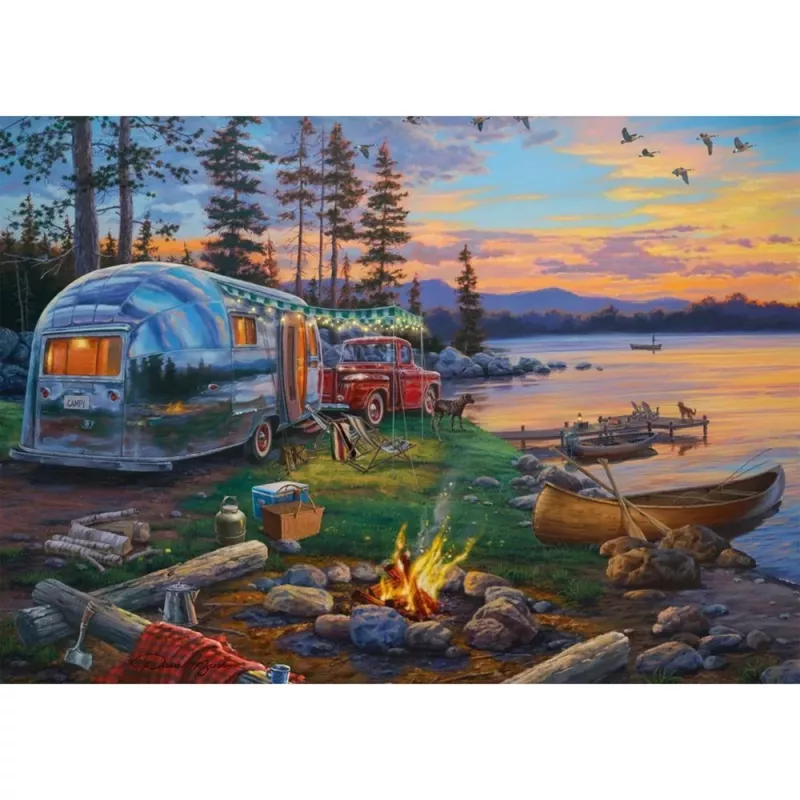 Puzle schmidt spiele 58533 — 1000 piezas, 'Camping-Idyll am See' ilustración de paisaje