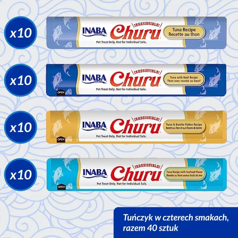 Snacks húmedos para gatos INABA Churu caja surtida atún con marisco — 40 sobres de pasta de 14 g, sin cereales, sin azúcar