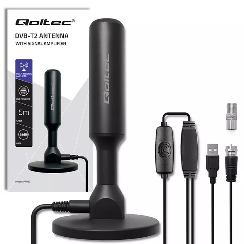 Antena de TV QOLTEC DVB-T2 28 dBi con amplificador de señal, recepción interior/exterior