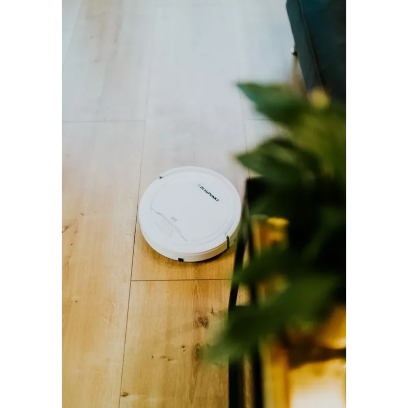 Robot aspirador BLAUPUNKT RVC201 — redondo, blanco, depósito sin bolsa de 0,5 litros, 55 minutos de autonomía