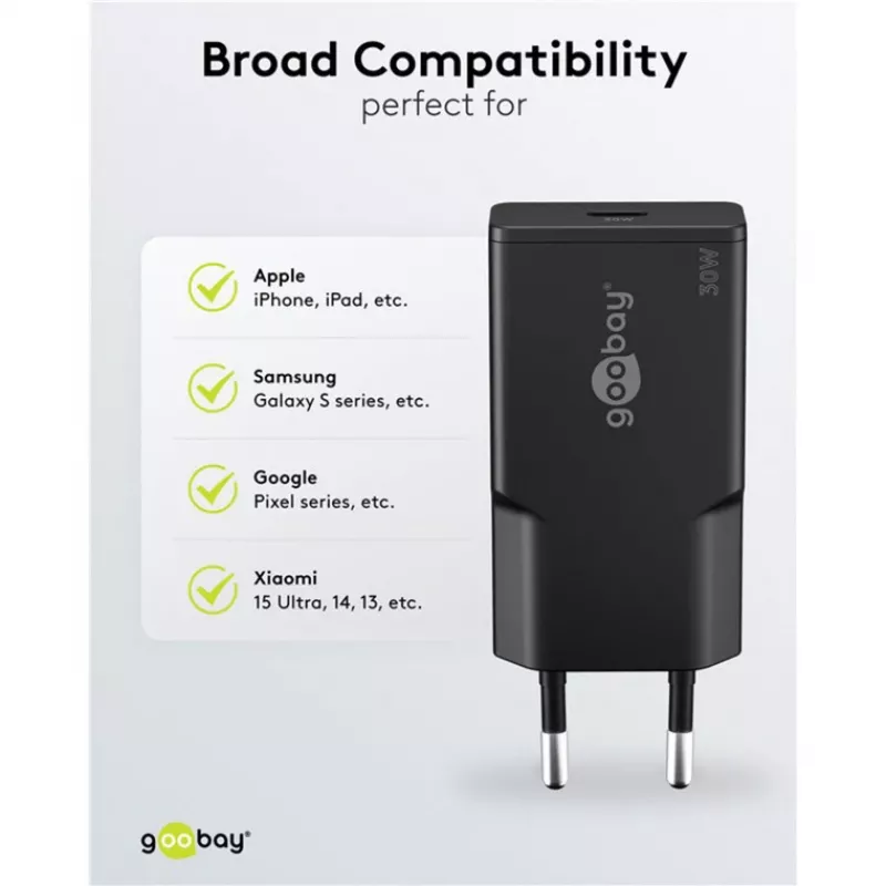 Goobay cargador rápido USB-C™ PD GaN delgado (30 W) negro