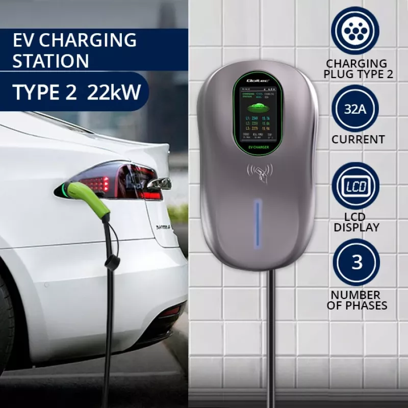 Estación de carga EV QOLTEC 52430 22 kW Wi-Fi RFID trifásica, 32 A, Type 2, IP54