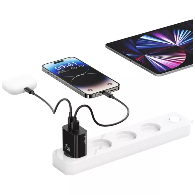 Cargador USB usams USA001629 25W 1×USB-C + 1×USB-A carga rápida