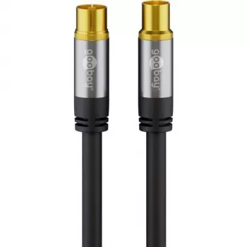 Cable de antena de TV Goobay (tipo 135 dB), 4 apantallamientos, 2 m, negro – dorado, conector hembra coaxial > conector macho coaxial (70367)