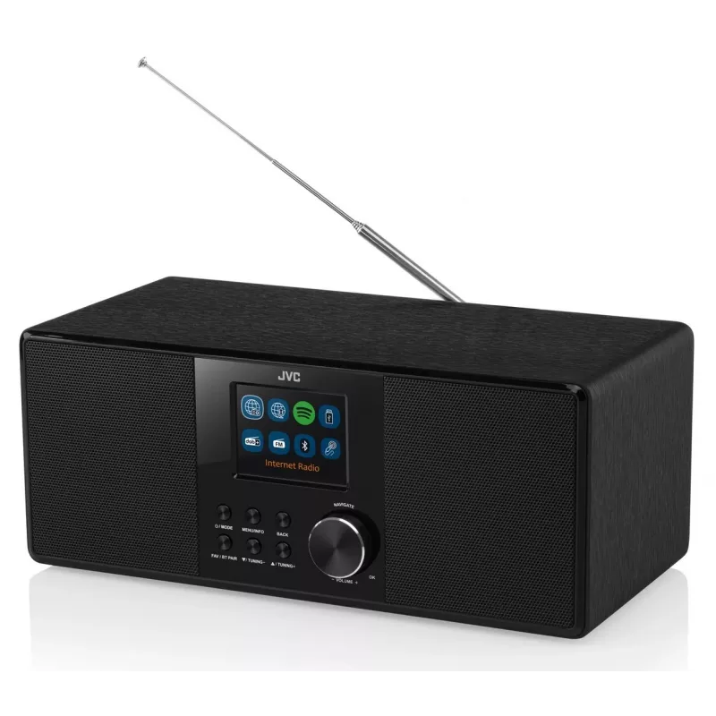 Radio por internet JVC RA-E981B — streaming Wi‑Fi y Bluetooth, DAB+, FM, 2x5W, 40 memorias de emisoras, USB, AUX, pantalla LCD
