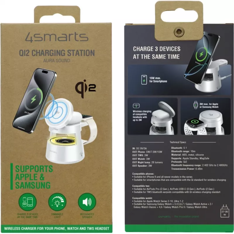 Cargador inalámbrico 4smarts Qi2 Aura Sound blanco – carga inalámbrica rápida Qi2, altavoz integrado