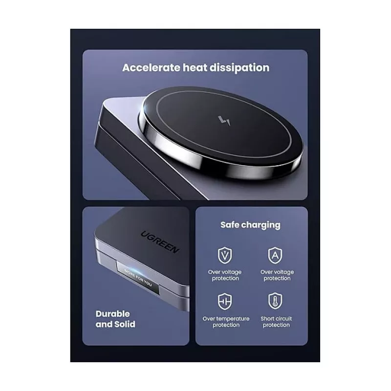 Cargador de CA inalámbrico de interior UGREEN para auriculares y smartphones W528, gris, protección contra cortocircuitos y subtensión