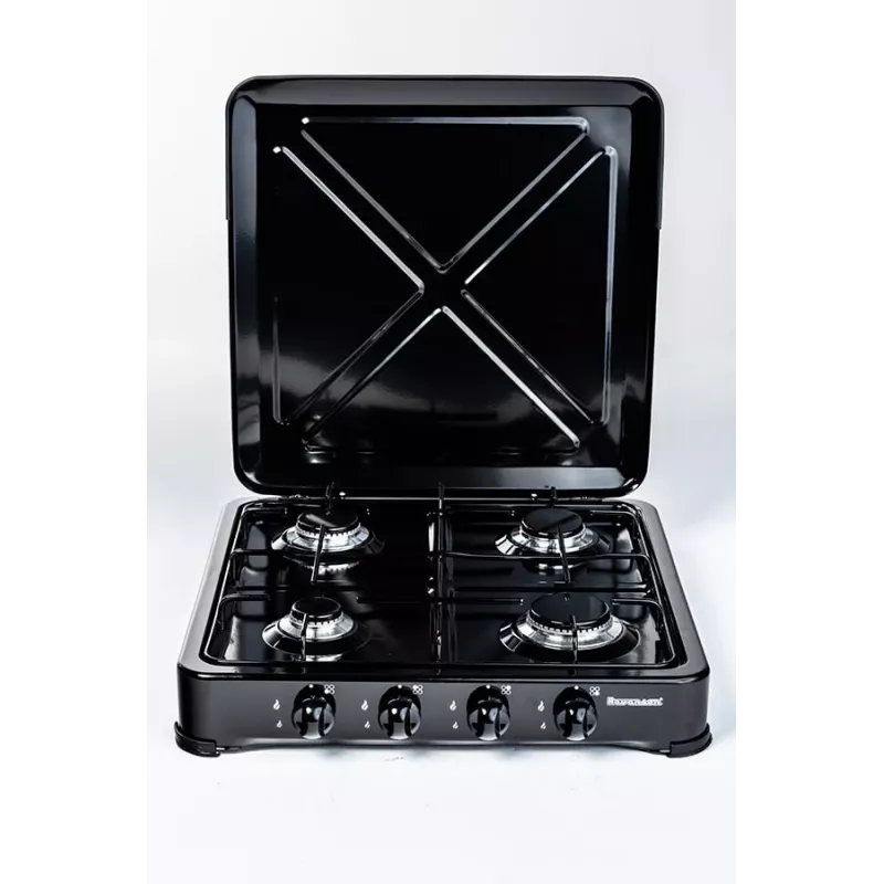 Cocina de gas Ravanson K-04TB — placa de gas empotrable de 4 fuegos, negra, mandos giratorios, carcasa metálica