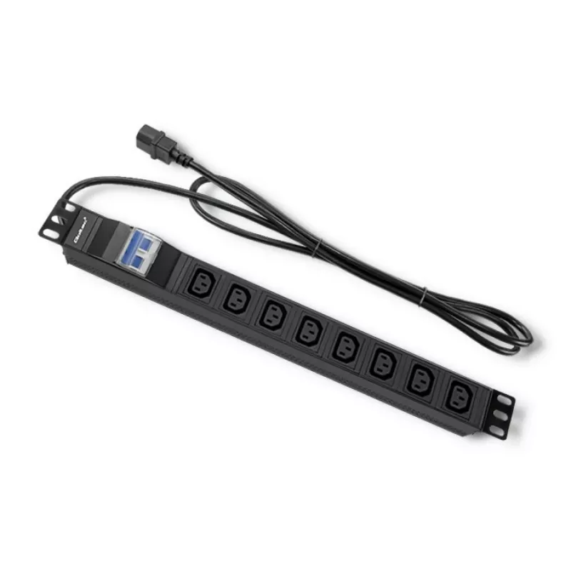 Qoltec 53999 Regleta PDU para rack de 19 pulgadas, 1U, 8x IEC C13, 10 A, con disyuntor, 2 m