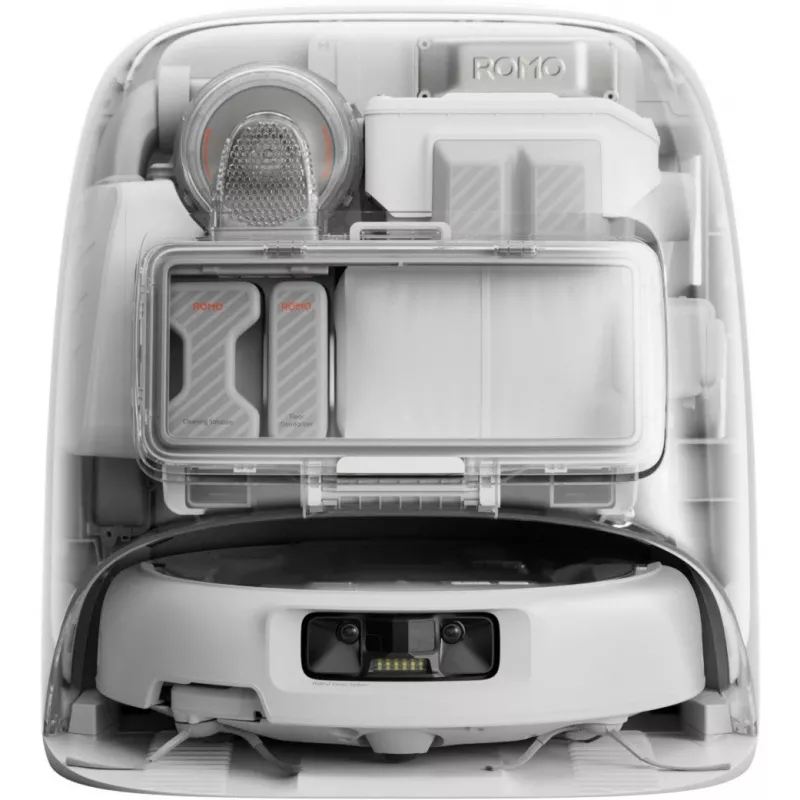 Robot aspirador con función de fregado DJI ROMO P (versión con depósito de agua) — Gris/Blanco, 0,26 l de polvo, 4 l de agua limpia / 3,2 l de agua sucia, batería de 5000 mAh
