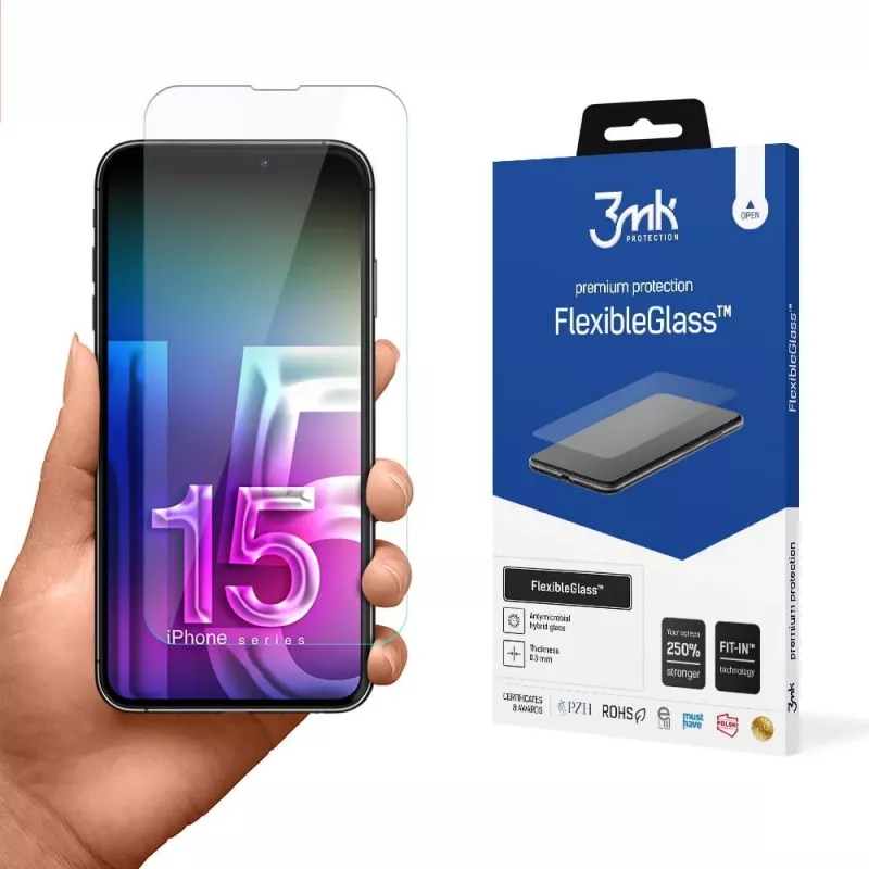Protector de pantalla flexible templado 3MK FlexibleGlass Pro para Apple iPhone 15 – transparente, resistente a arañazos