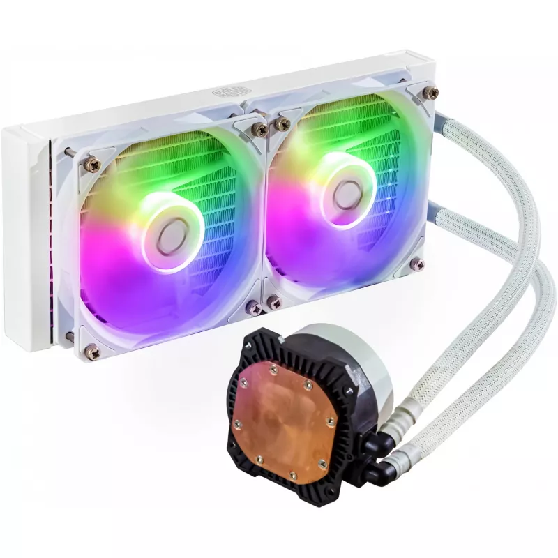 Kit de refrigeración líquida Cooler Master MasterLiquid 240L Core ARGB blanco — radiador de 240 mm, ventilador de 120 mm, compatible con LGA1700/AM5/AM4 y zócalos anteriores