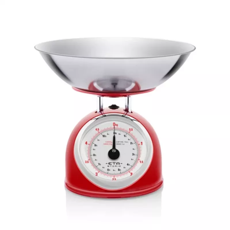 Báscula de cocina mecánica ETA ETA577790030 — capacidad 5 kg, precisión 25 g, superficie de acero inoxidable, carcasa blanca