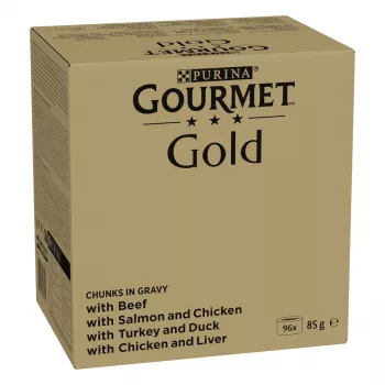 Multipack de comida húmeda Purina Nestlé GOURMET Gold Trozos en salsa — 96 x 85 g, 8,16 kg, mix de 4 sabores