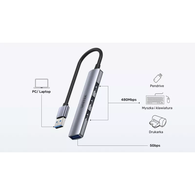 Unitek H1208A hub USB-A, 4 puertos (1x USB-A 5 Gbps, 3x USB-A 2.0), aluminio, plateado