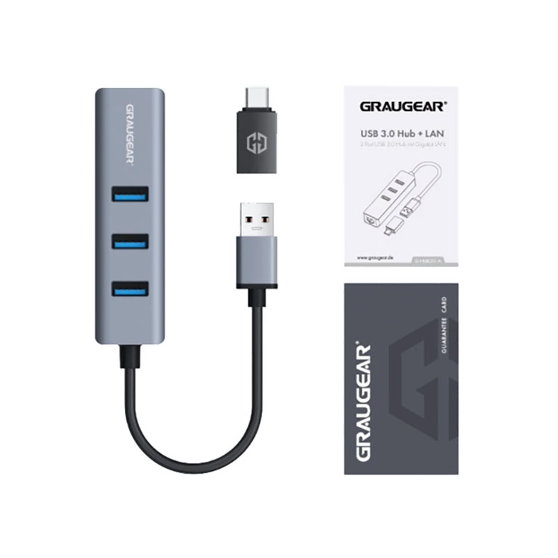 Hub USB GRAUGEAR G-HUB31L-A — host USB 3.2 Gen 1 Type-A, 3 puertos USB 3.2 Gen 1 Type-A + RJ-45, 5000 Mbit/s