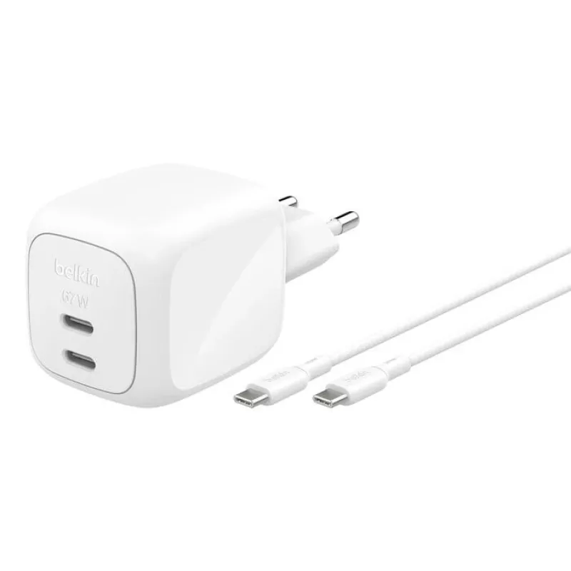 Cargador rápido AC de interior Belkin WCH020KQ2MWH-B6 – 2x USB-C, cable integrado de 2 m, blanco