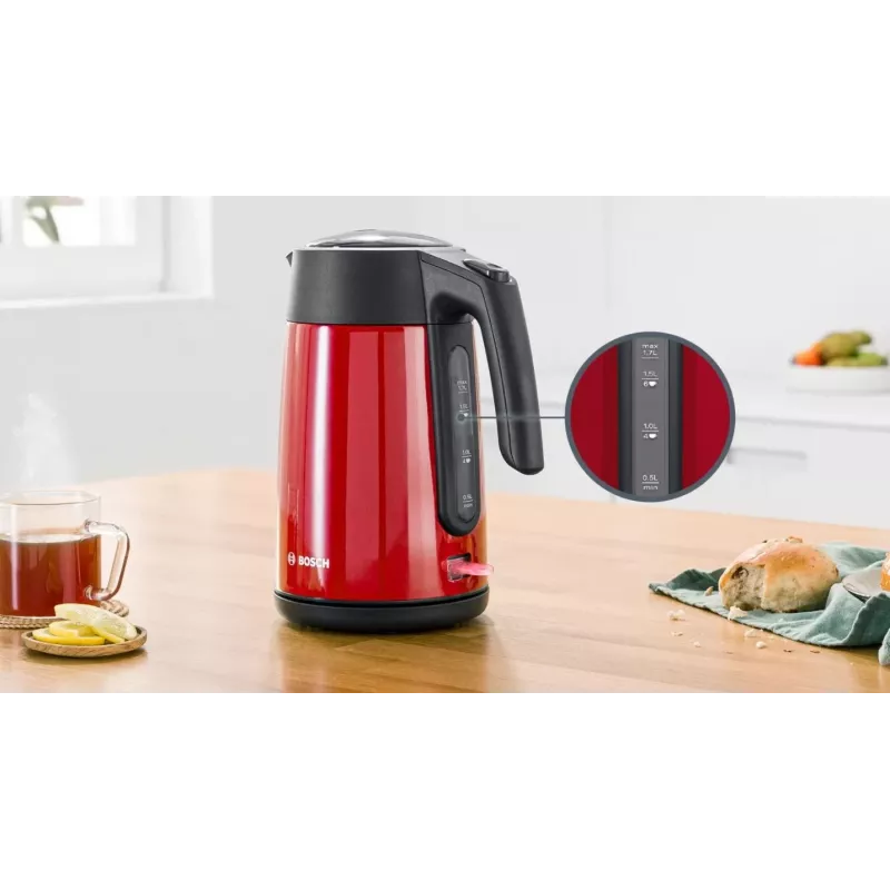 Hervidor eléctrico Bosch TWK7L464 – capacidad 1,7 L, 2400 W, rojo, carcasa de plástico