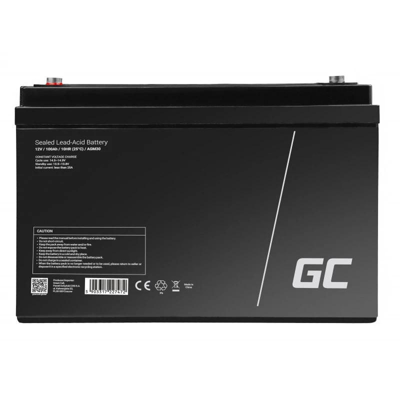 Batería de coche/naútica y ocio Green Cell AGM30 12 V 100 Ah plomo-ácido sellada (VRLA), sin mantenimiento, 171×214×330 mm