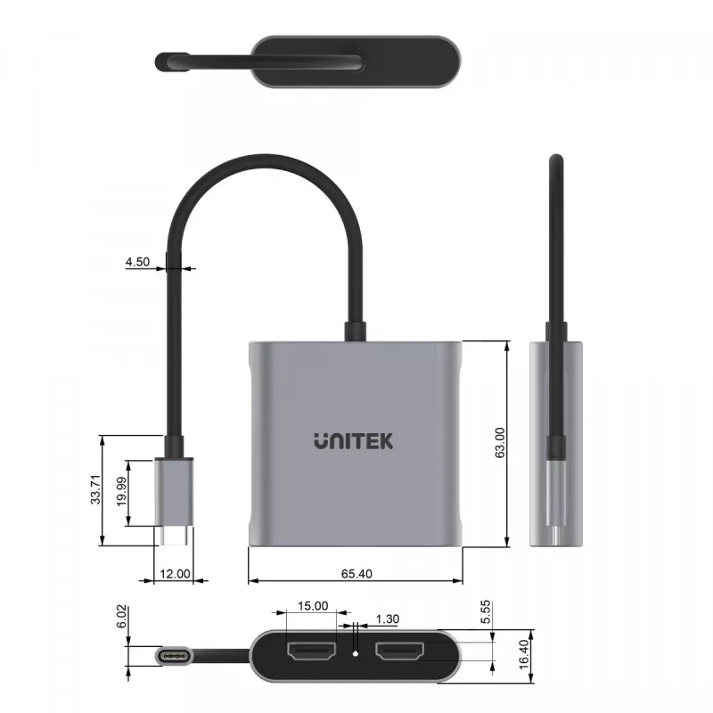 Adaptador UNITEK USB-C, 2x HDMI, 4K@60HZ, MST, V1404B (V1404B)