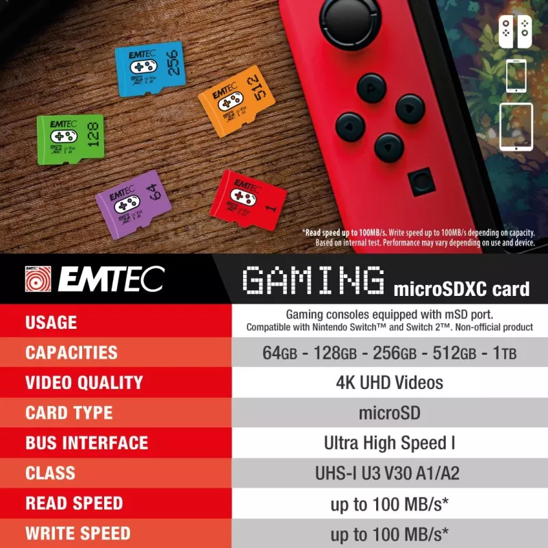 Memoria flash Emtec 1TB UHS-I U3 V30 A2 Gaming Rouge ECMSDM1TXCU3G