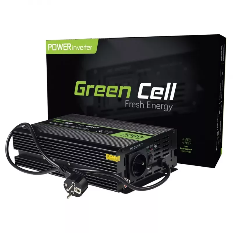 Convertidor de tensión Green Cell INV07, DC 12 V a AC 230 V, 300 W, 50 Hz, conector Type-C, negro