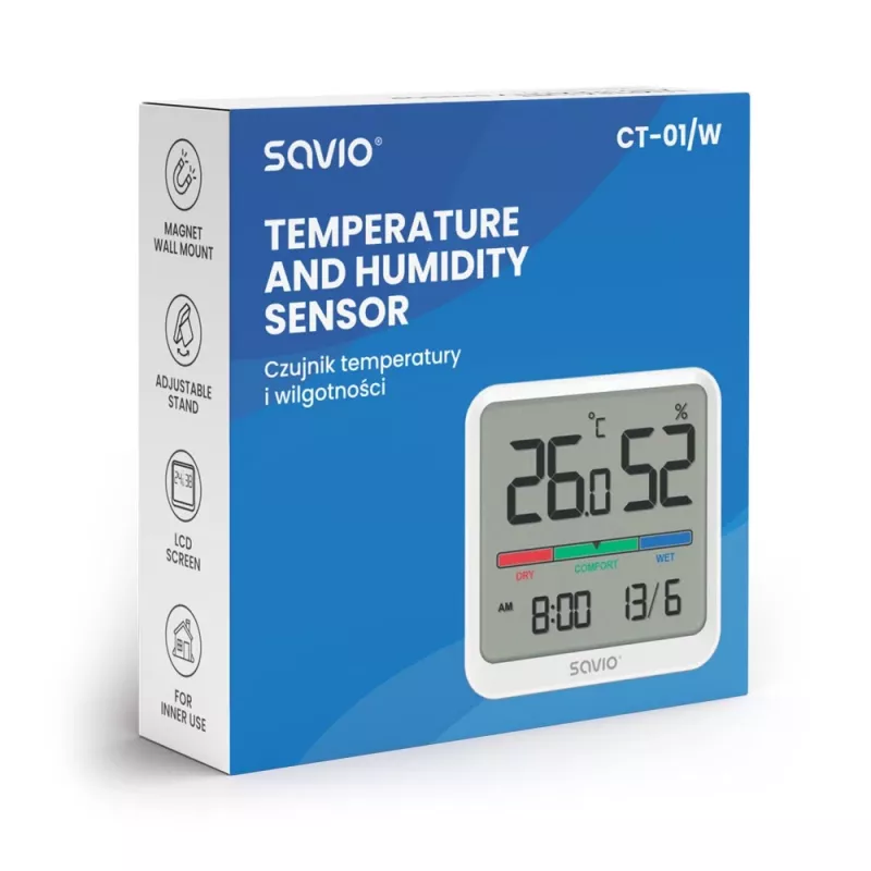 Sensor de temperatura y humedad interior SAVIO CT-01/W, pantalla LCD, -10–55 °C, 10–99 % HR, pila CR2032