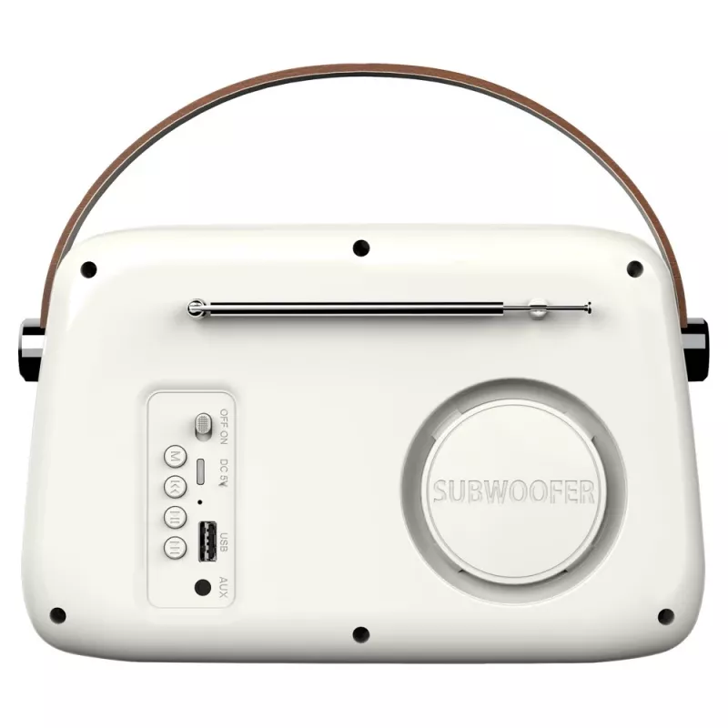 Radio portátil SAVIO RS-02 — sintonizador FM analógico, Bluetooth 5.3, alimentación por USB, 3 W, blanco
