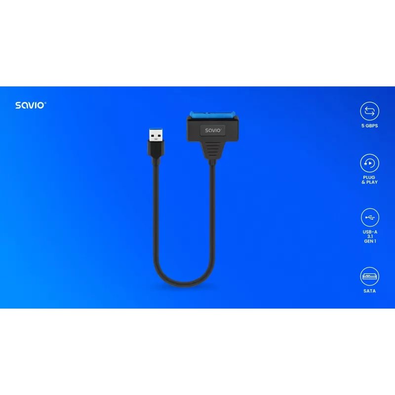 Cable de interfaz SAVIO SATA a USB 3.1 Gen 1 AK-68, conector hembra SATA a conector macho USB-A, 5 Gbit/s, 0,25 m, negro