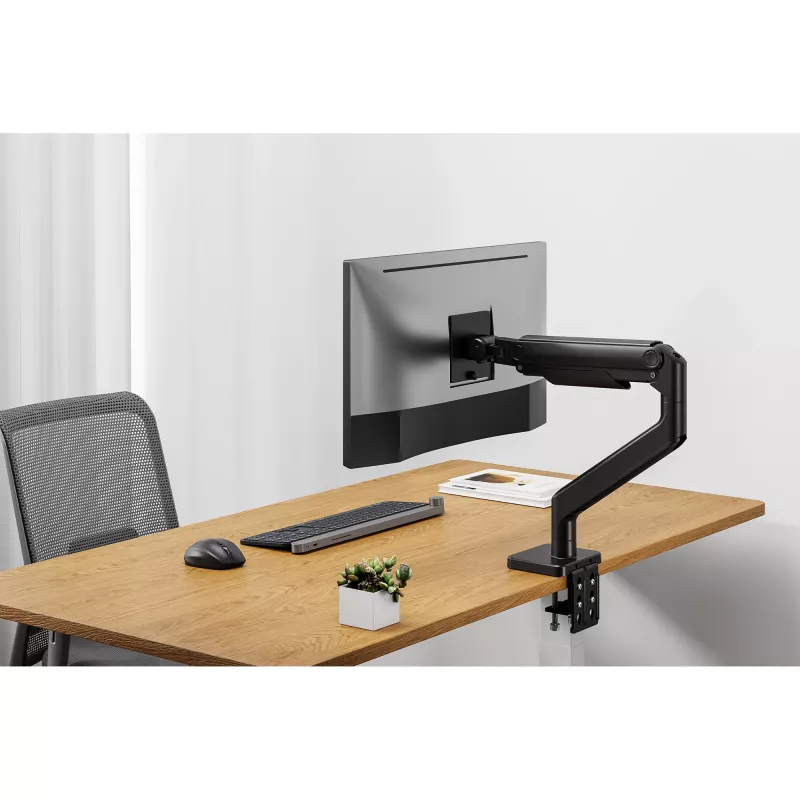 Soporte de monitor DIGITUS Single, pinza, para hasta 49 inch (124,5 cm), 20 kg, VESA 75x75–100x100, inclinable -20° a 50°, altura ajustable, negro