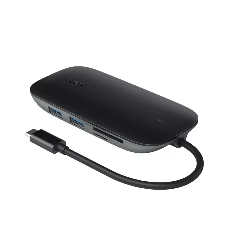 AUKEY CB-C71 hub USB-C 8 en 1, 3x USB-A 3.0, HDMI 4K@30Hz, Gigabit RJ45, SD/microSD, USB-C PD 100 W, cable de 0,15 m, aluminio, negro