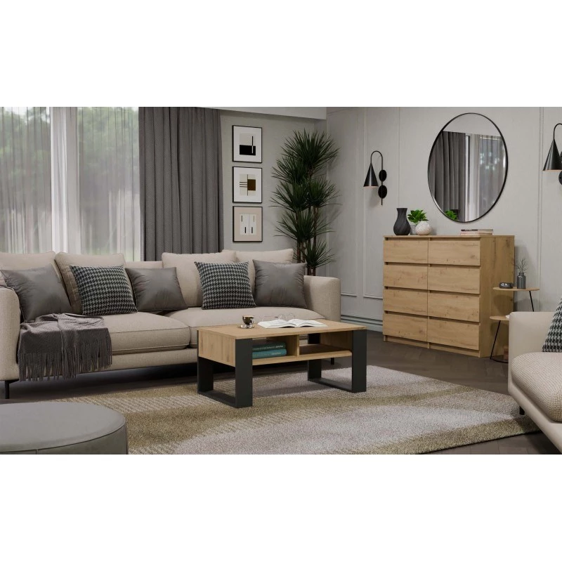 Mesa de centro top e shop Modern 90×58×50 cm, estructura antracita, estantes en roble Artisan mate