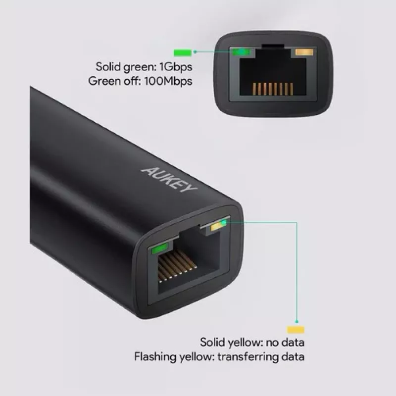 Adaptador Ethernet Aukey CB-A30 USB‑C a Gigabit RJ45 10/100/1000 Mbps, USB 3.0, aluminio, indicadores LED
