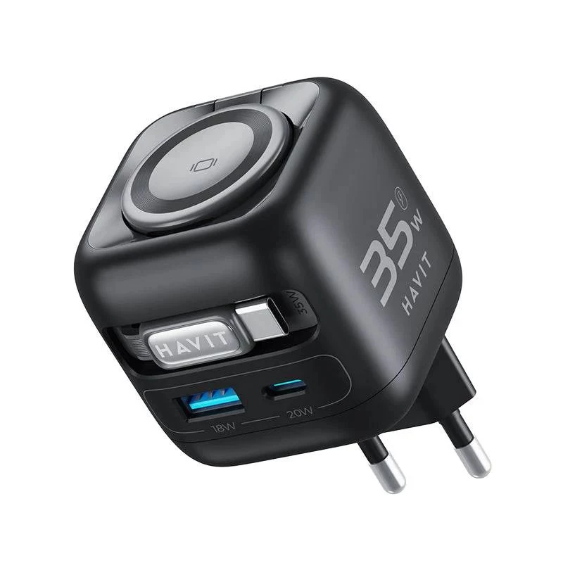 Havit UC250 A-EU cargador de viaje GaN con cable extensible, negro