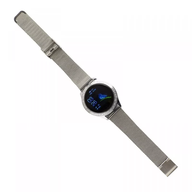 Smartwatch ORO-MED ORO-SMART CRYSTAL SILVER — caja redonda de metal, LCD 240 × 198, pantalla de 1,04 pulgadas, Bluetooth 4.0, sumergible, batería de 120 mAh