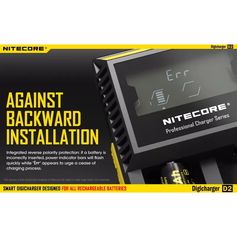 Cargador de baterías Nitecore D2 — cargador de 2 compartimentos para pilas AA/AAA/AAAA/C, tensión de entrada 100–240V, tensión de salida 4,2V, negro