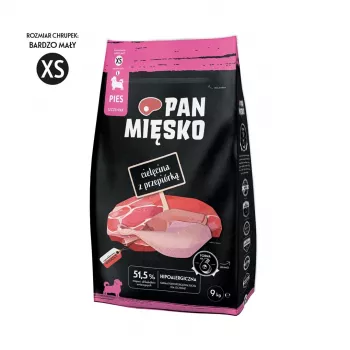 Pienso seco para cachorros Pan Miesko ternera con codorniz XS 9 kg — Junior Small Breed, 30 % proteína, 20 % grasa