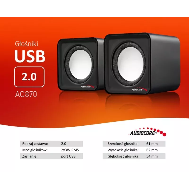 Altavoz de PC de 2 vías Audiocore AC870 B — 3 W RMS, alimentación por USB con cable, entrada de 3,5 mm, 2.0 canales