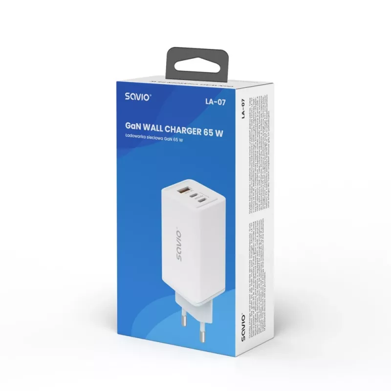 SAVIO LA-07 Fuente de alimentación GaN 65W, USB, QC4.0+, PD 3.0, Blanca